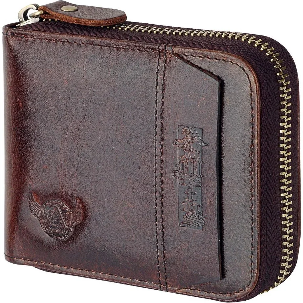 Men's Genuine Leather Dark Brown Short Zip Around Pockets Bifold Wallet Card